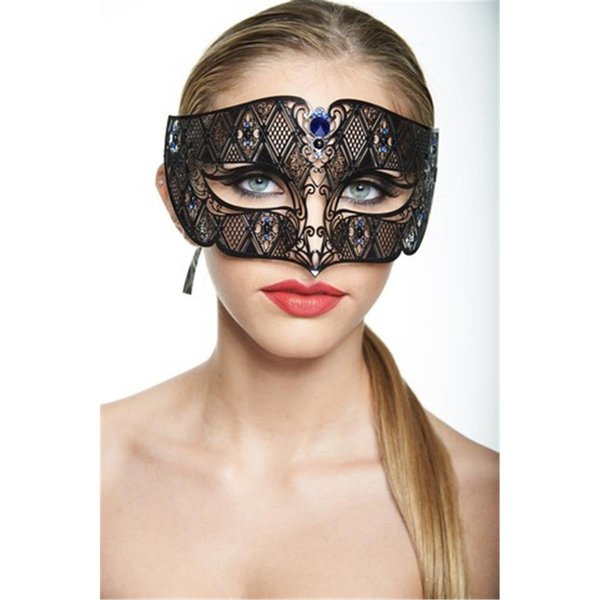 Kayso Black Luxury Roman Guard Filigree Laser Cut Metal Mask with Blue Rhinestones One Size BD008BLBK